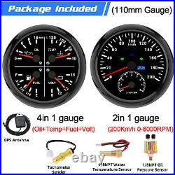 110mm 2 Gauge Set GPS Speedometer Tachometer 0-200km/h 4 in 1 Gauge with Senders