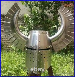 16 Gauge Steel Medieval Knight Great Helmet with Teutonic Crest Wing Helmet
