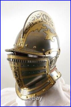 16 Gauges tinted Medieval Etched Burgonet Helmet Knight Helmet