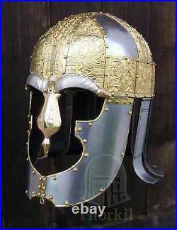 16 gauge steel Medieval Knight Vendel Helmet Brass bleches, silvered eye-brows