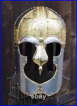 16 gauge steel Medieval Knight Vendel Helmet Brass bleches, silvered eye-brows