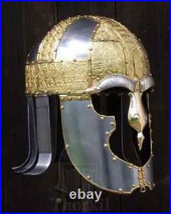 16 gauge steel Medieval Knight Vendel Helmet Brass bleches, silvered eye-brows