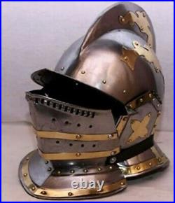 18 Gauge Steel Helmet Medieval Knight LARP Warrior Brass Accent Burgonet Helmet
