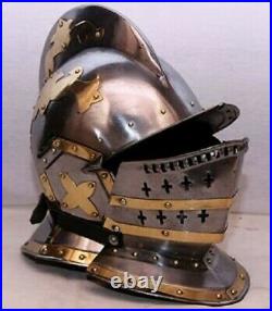 18 Gauge Steel Helmet Medieval Knight LARP Warrior Brass Accent Burgonet Helmet