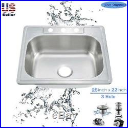 18Gauge Stainless Steel Single Bowl Topmount Drop In Kitchen Sink 3Hole 25 x 22