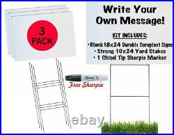 18x24 DURABLE BLANK WHITE YARD SIGN KIT 3,5,10, 50 100 With STAKES+FREE SHARPIES