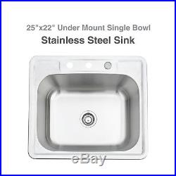 25''x 22''Single Bowl Stainless Steel Kitchen Sink 16 Gauge Drop Undermount