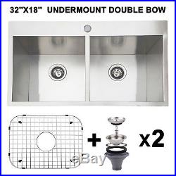 32''x18'' 18-Gauge Stainless Steel Kitchen Sink 50/50 Double Bowl Undermount