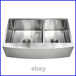 33 Stainless Steel Farmhouse Apron Kitchen Sink 60/40 Offset Bowls 16 Gauge