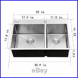 33-inch Double Bowl Undermount 16 Gauge Stainless Steel Kitchen Sink withStrainer