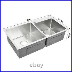 33 x 18 x 9 Stainless Steel Double Bowl 16 Gauge Kitchen Sink Topmount New