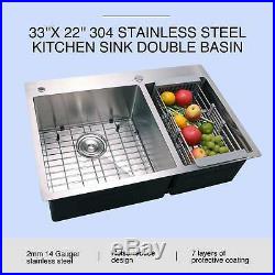 33 x 22 x 9 Dual Basin Stainless Steel Kitchen Sink Top Mount 14 Gauges