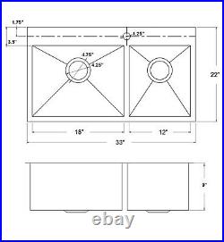 33 x 22 x 9 Stainless Steel Kitchen Sink Top Mount Double 60/40 Tray Strainer