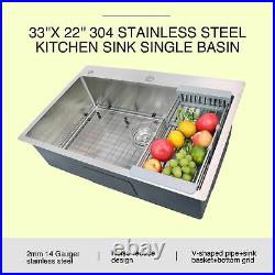 33 x 22 x 9 Stainless Steel Top Mount Kitchen Sink Single Basin with Strainer