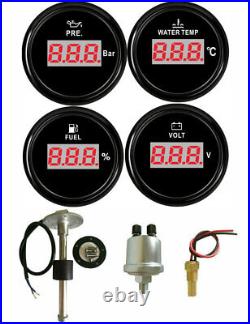 4 Gauge Set With Senders Digital Fuel Gauge Oil Pressure Volt Temp 52mm For Auto