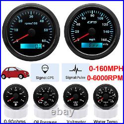 6 Gauge Set 85mm GPS Speedometer 160MPH Tachometer 52mm Fuel Gauge Temp Oil Volt