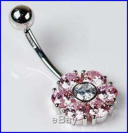 BRAND NEW Solid 14KT White Gold Belly Ring with Flower Cluster Pink CZ's 14 Gauge