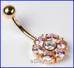 BRAND NEW Solid 14KT Yellow Gold Belly Ring with Flower Cluster Pink CZ's 14 Gauge