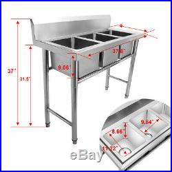 Commercial 304 Stainless Steel Sink 18 Gauge Kitchen 3 Compartment Triple Bowls