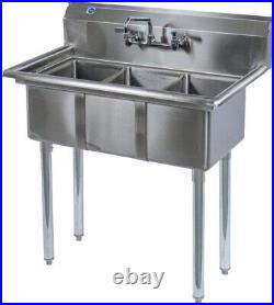 Commercial Stainless Steel Kitchen Three 3 Compartment Bay Sink with 10 Faucet