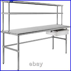 Commercial Stainless Steel Open Base Work Table with 2 Tier Overshelf and Drawer