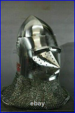 Custom SCA HNB 16 Gauge Steel Medieval Pig Face Bascinet Helmet w Aventail
