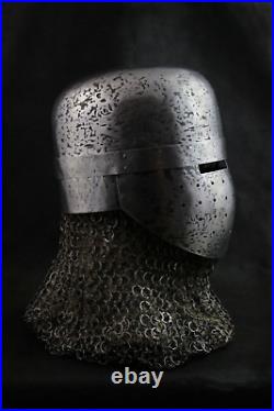 Hammered 16 Gauge Steel Medieval Blackened Great Knight Crusader Helmet W Chain