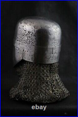 Hammered 16 Gauge Steel Medieval Blackened Great Knight Crusader Helmet W Chain