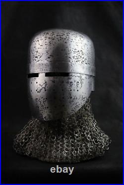 Hammered 16 Gauge Steel Medieval Blackened Great Knight Crusader Helmet W Chain