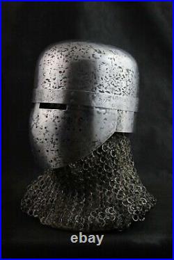 Hammered 16 Gauge Steel Medieval Blackened Great Knight Crusader Helmet W Chain