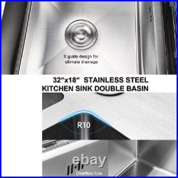 Kitchen Sink 32 x 18 x 9 Stainless Steel Double Bowl Sink Topmount 16 Gauge
