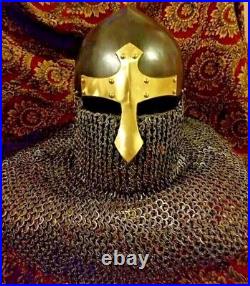 Medieval 18 Gauge Chain mail Helmet Reenactment Armour Viking Brass Nasal Helmet