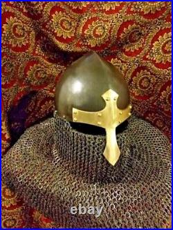 Medieval 18 Gauge Chain mail Helmet Reenactment Armour Viking Brass Nasal Helmet