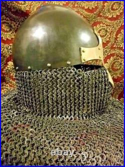 Medieval 18 Gauge Chain mail Helmet Reenactment Armour Viking Brass Nasal Helmet