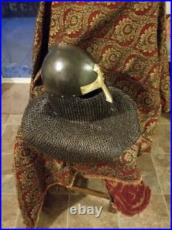 Medieval 18 Gauge Chain mail Helmet Reenactment Armour Viking Brass Nasal Helmet