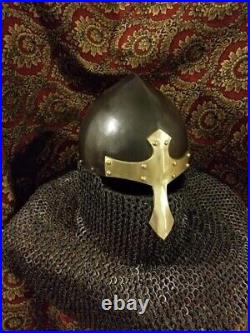 Medieval 18 Gauge Chain mail Helmet Reenactment Armour Viking Brass Nasal Helmet