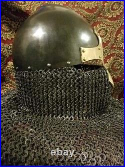 Medieval 18 Gauge Chain mail Helmet Reenactment Armour Viking Brass Nasal Helmet