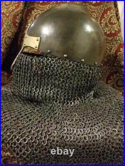 Medieval 18 Gauge Chain mail Helmet Reenactment Armour Viking Brass Nasal Helmet