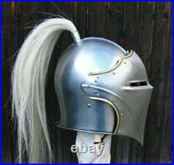 Medieval 18 Gauge Steel Fantasy Helmet Barbuta Helmet With Plume