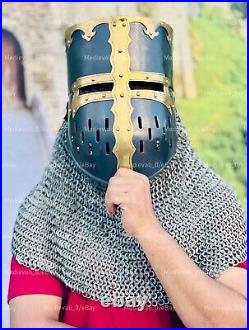 Medieval Brass & Steel Templar Helmet With Riveted Chainmail Cosplay And Battle