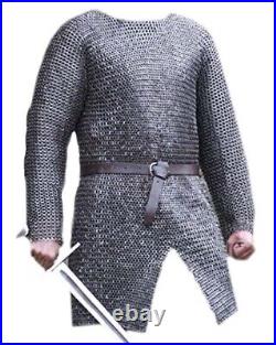 Medieval Full Sleeve Chainmail Hauberk Shirt 9mm Flat Riveted With Solid Ring