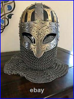 Medieval Viking Helmet Vendal 16 gauge Steel & Brass Helmet With Chain mail Helmet