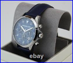 New Authentic Michael Kors Gage Silver Blue Leather Chronograph Men Mk8617 Watch