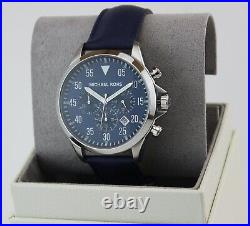 New Authentic Michael Kors Gage Silver Blue Leather Chronograph Men Mk8617 Watch