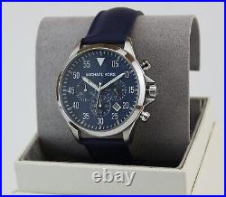 New Authentic Michael Kors Gage Silver Blue Leather Chronograph Men Mk8617 Watch