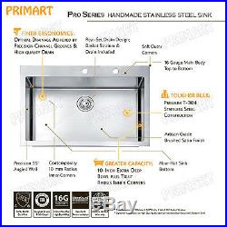 Primart 33 In 16 Gauge Single Bowl Topmount Stainless Steel Drop-In Kitchen Sink
