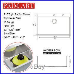 Primart 33x22 Inch 16 Gauge Single Bowl Stainless Steel Top mount Kitchen Sinks