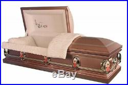 Rose mother casket, brand new, 18 gauge metal with bedding, small defects