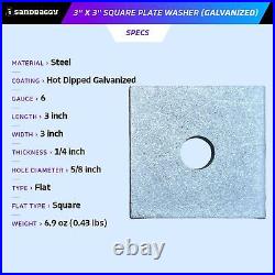 Sandbaggy 1/4 x 3 x 3 Galvanized Square Plate Washer 5/8 Anchor Bolt Dia
