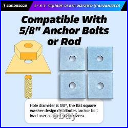 Sandbaggy 1/4 x 3 x 3 Galvanized Square Plate Washer 5/8 Anchor Bolt Dia